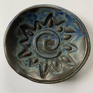 Raku Bowl Handmade Pottery 7” Spiral Sun Signed Blue Black Green Primitive EUC